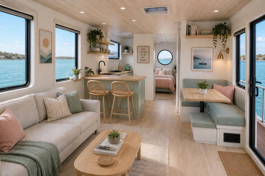 Houseboat liveaboard vessel interior sample listing AI image