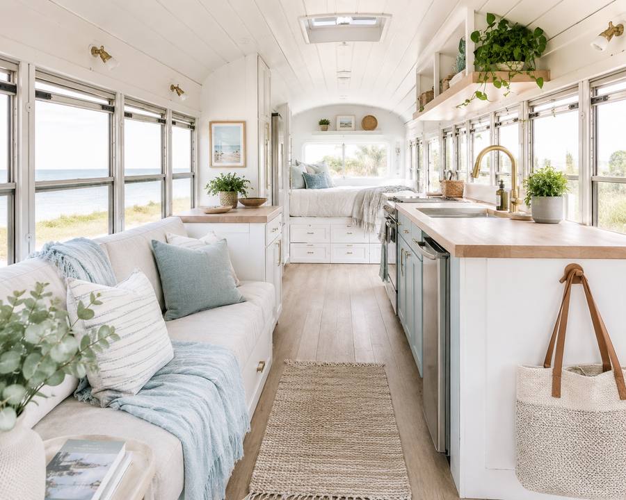 Converted school bus skoolie tiny home interior sample listing AI image
