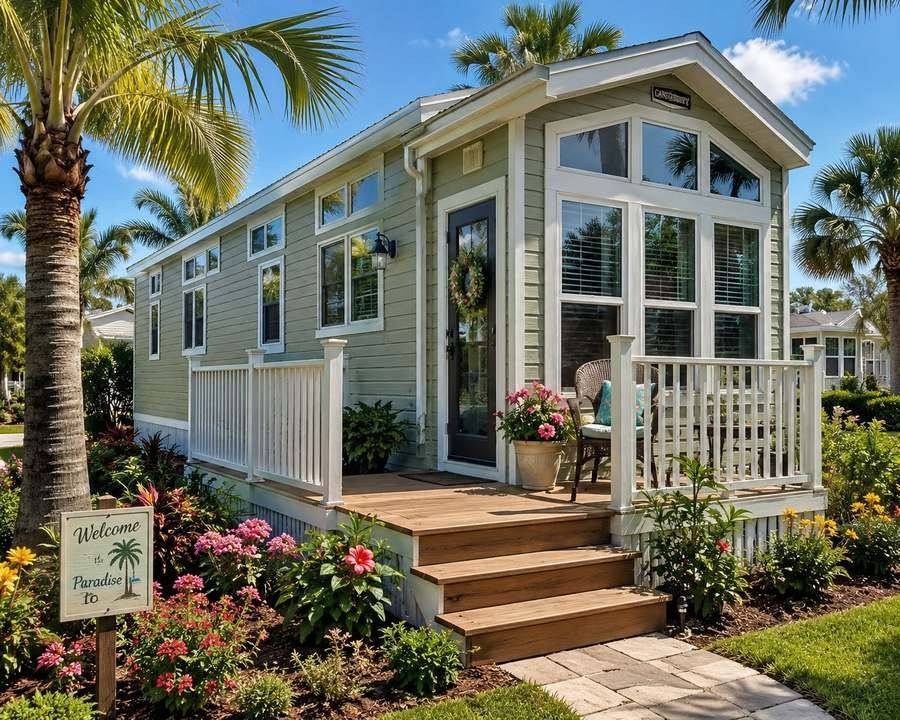 Green park model tiny home Florida tropical garden porch