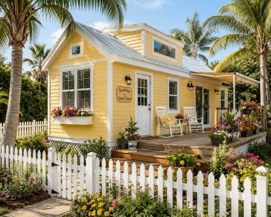 Yellow sunshine cottage tiny home exterior spaces